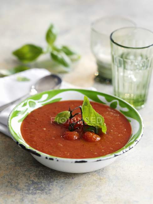 Tomatensuppe mit Basilikum in Schüssel — Stockfoto