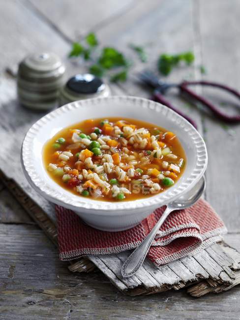 Closeup view of scotch broth soup with vegetables — Stock Photo