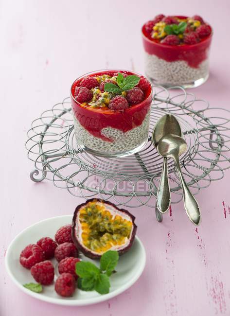 Chia pudding with raspberries — Stock Photo
