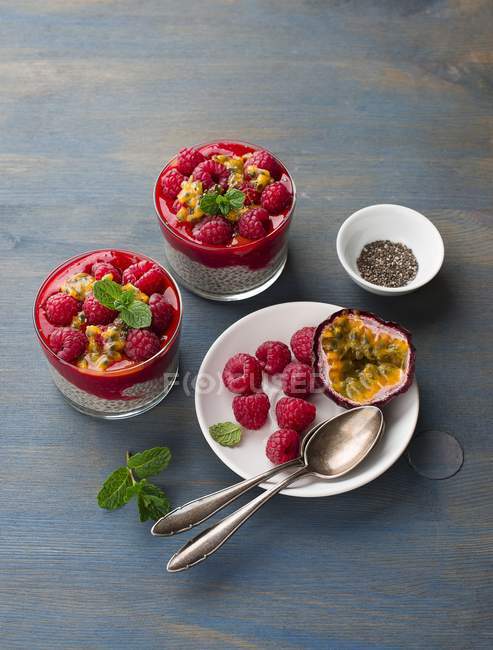 Chia pudding with raspberries and passion frui — Stock Photo