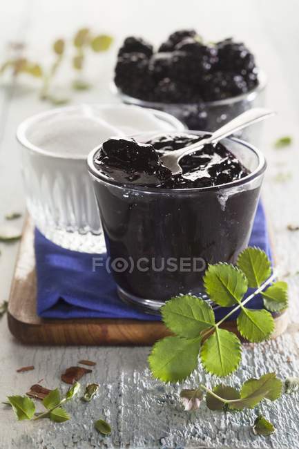 Glass of homemade blackberry jam — Stock Photo