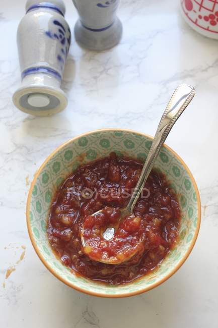 Un tazón de salsa de tomate casera y cucharón en el interior - foto de stock