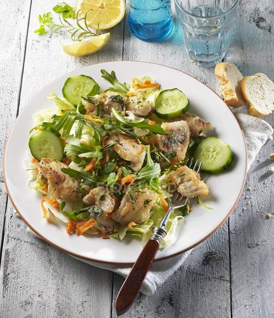 Mixed salad with fried snapper and herbs — Stock Photo