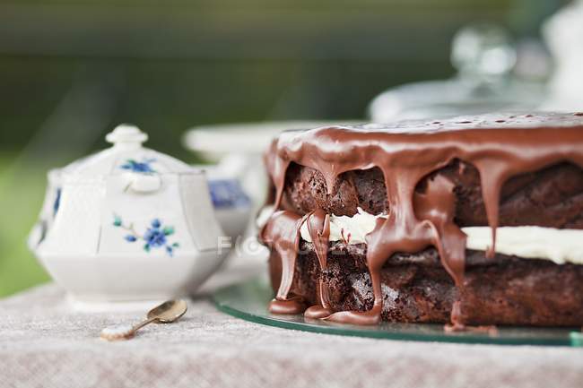 Chocolate cake with milk — Stock Photo