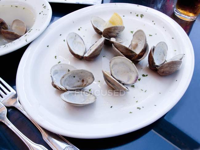 Nahaufnahme leerer Muschelschalen und Essensreste auf dem Teller — Stockfoto