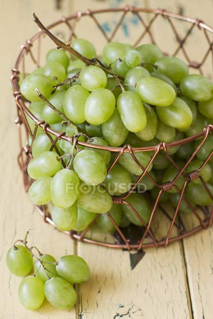 Green grapes in wire basket — Stock Photo