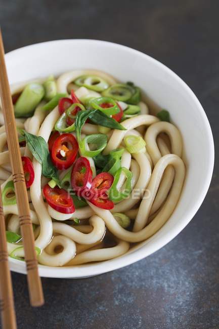 Udon noodle soup with spring onions — Stock Photo