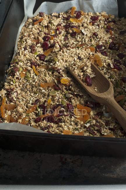 Homemade muesli in baking tray — Stock Photo