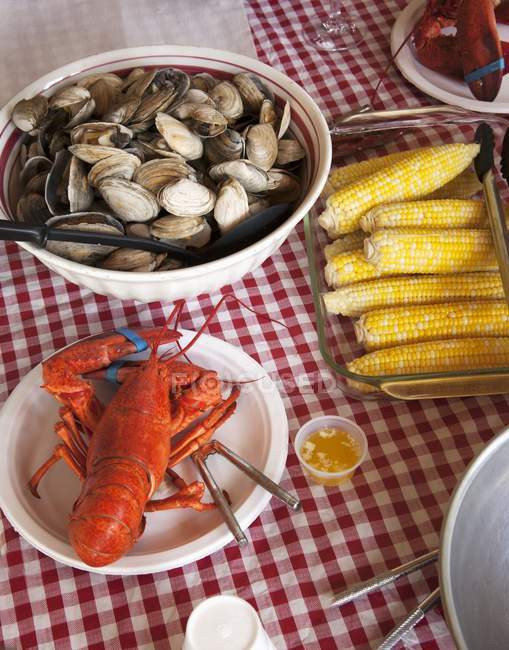 Лобстер, моллюски и кукуруза — стоковое фото