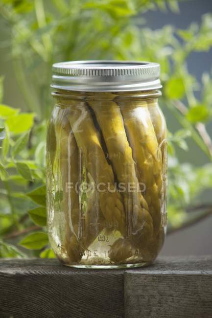 Pickled green asparagus in a screw-top jar — Stock Photo