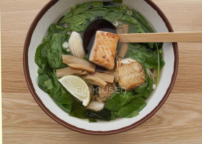 Udon noodle soup with salmon — Stock Photo