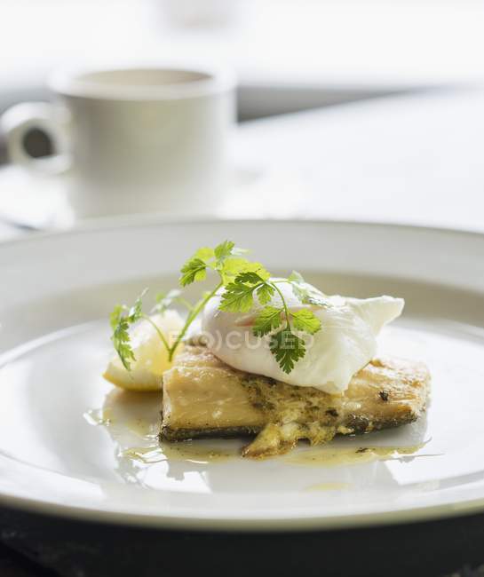 Stockfish with poached egg — Stock Photo