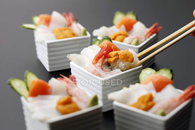 Seafood on boiled rice — Stock Photo