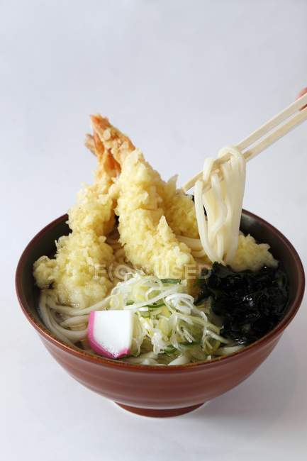 Closeup view of prawn Tempura on Udon noodles — Stock Photo