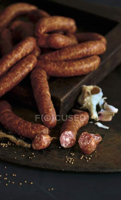 Dried Sausages with garlic on — Stock Photo