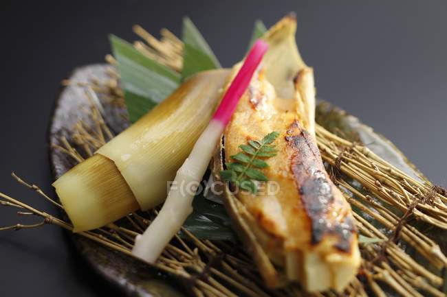 Brotes de bambú a la parrilla con miso sobre fondo gris - foto de stock