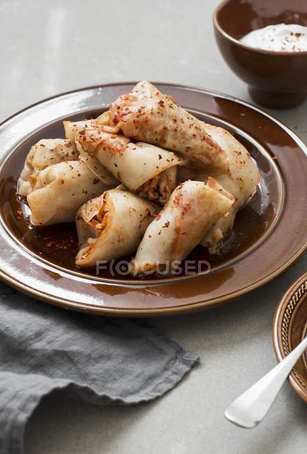 Foglie di cavolo ripiene su piatto marrone — Foto stock