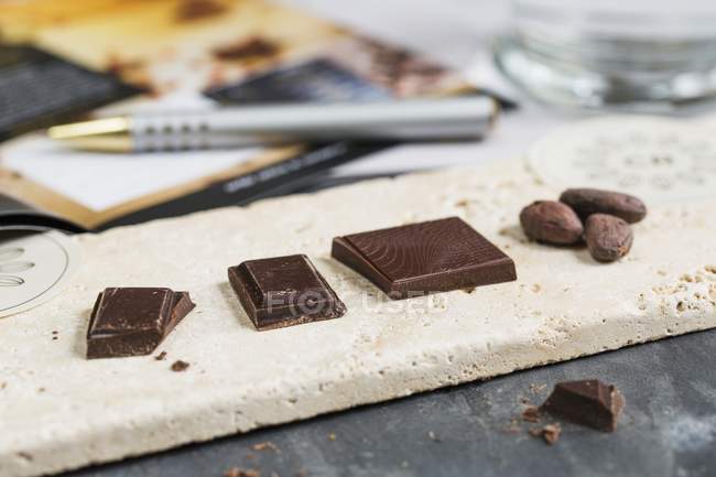 Какао-бобы и различные кусочки шоколада — стоковое фото