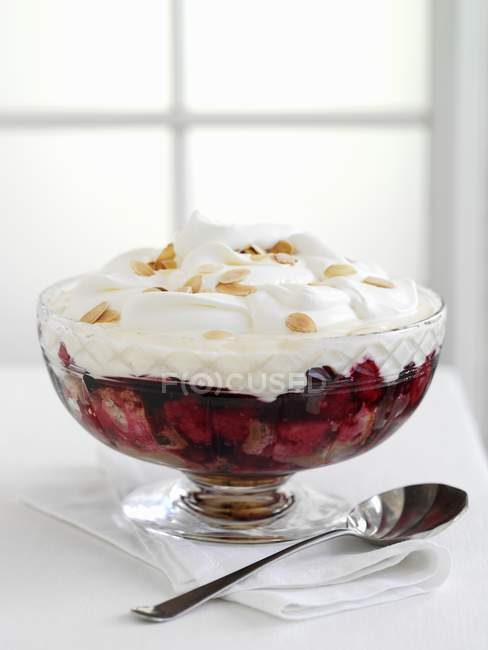 Closeup view of fruit trifle with cream in glass bowl with spoon — Stock Photo
