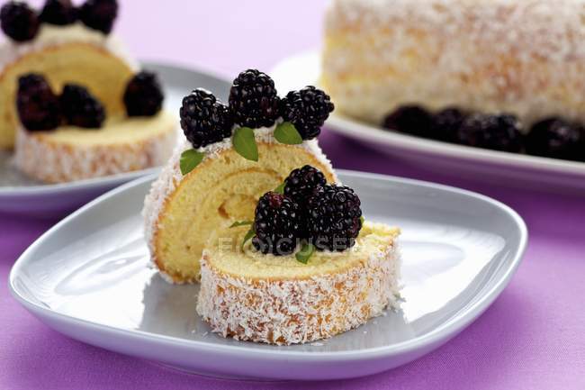 Closeup view of Swiss roll with blackberries and coconut — Stock Photo