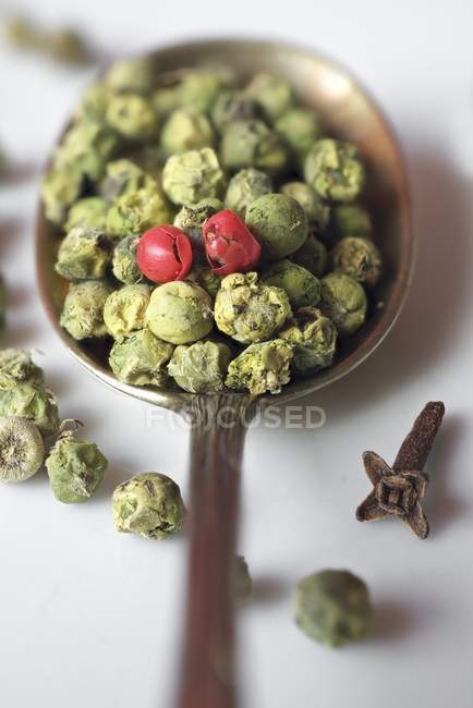 Green peppercorns on spoon — Stock Photo