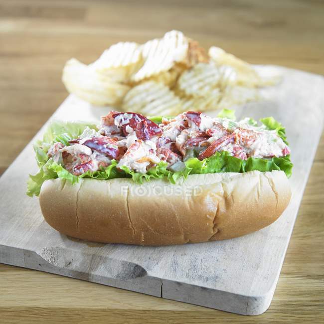 Closeup view of lobster roll with sauce, salad and crisps — Stock Photo