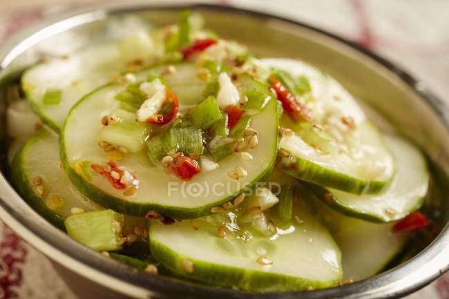 Spicy Korean cucumber salad in bowl — Stock Photo