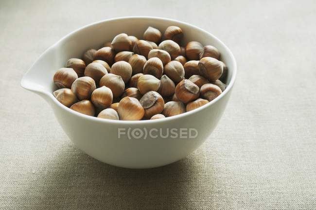 Hazelnuts in porcelain bowl — Stock Photo