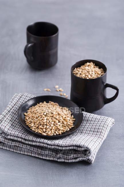 Einkorn grains in cup and on plate — Stock Photo