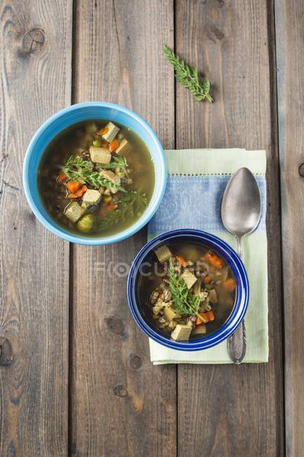 Vegetable soup with grain and smoked tofu — Stock Photo