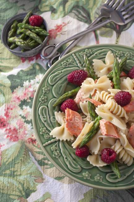 Farfalle and fusili pasta salad with salmon — Stock Photo