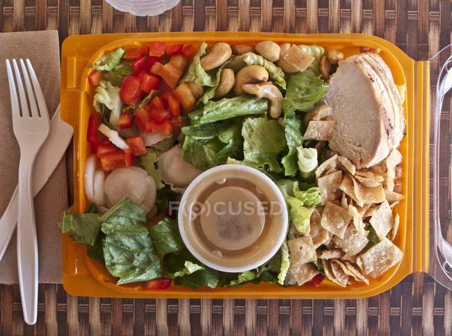 Salada de frango chinesa em caixa de plástico — Fotografia de Stock