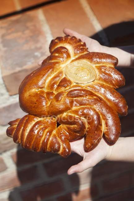 Girl with a cockerel-shaped yeast cake — Stock Photo