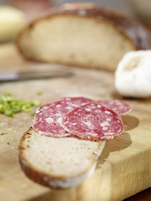 Brot mit Salami belegt — Stockfoto