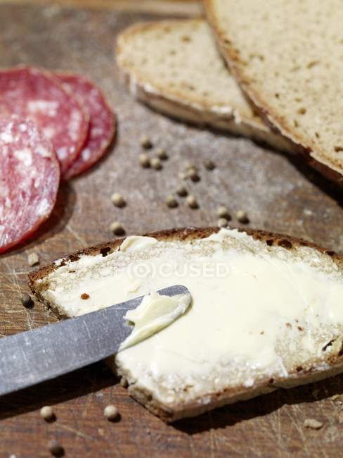 Slice of rye bread spread — Stock Photo