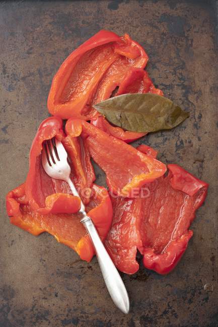 Pickled red pepper on a metal surface with fork — Stock Photo