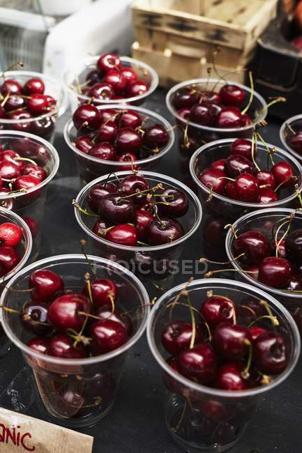 Органические вишни в пластиковых чашках — стоковое фото