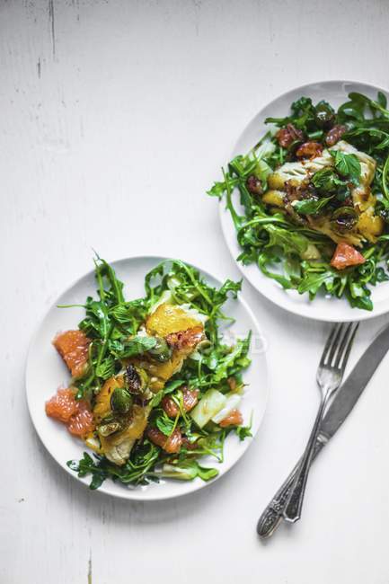 Жареная тилапия с салатом — стоковое фото