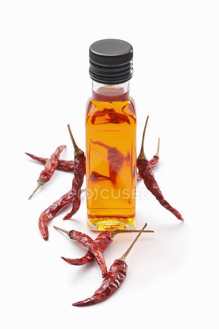 A bottle of chilli oil on white background — Stock Photo
