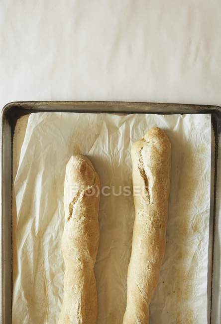Baguettes en bandeja para hornear - foto de stock