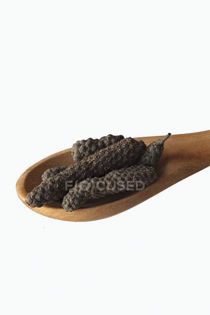 Сушений довгий перець у дерев'яній ложці — стокове фото