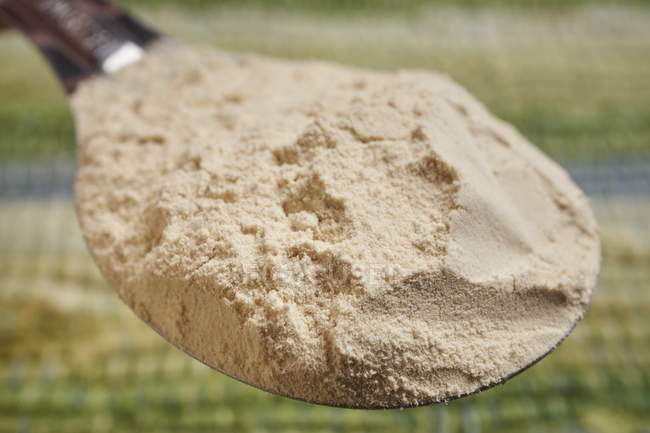 Closeup view of a tablespoon of vital gluten powder — Stock Photo