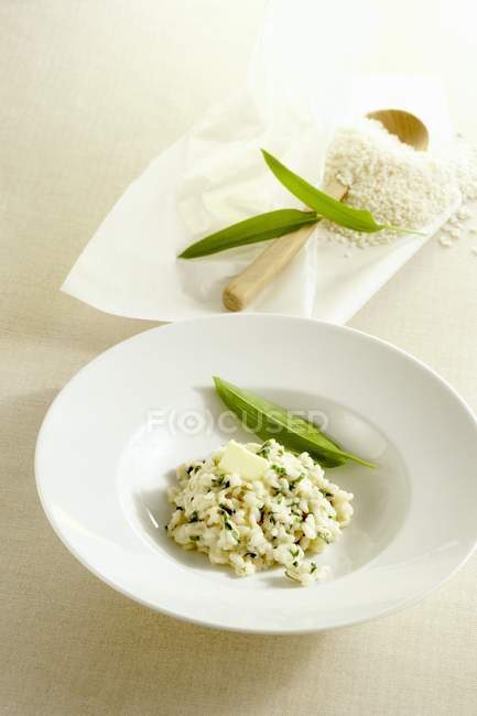 Closeup view of wild garlic Risotto with leaves in bowl — Stock Photo