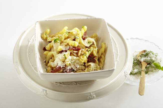 Gemelli pasta with fennel and dried tomatoes — Stock Photo