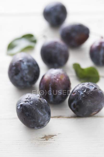Fresh damsons with drops of water — Stock Photo