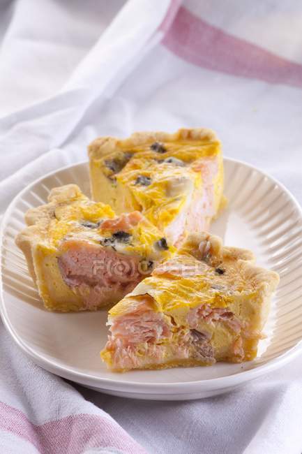 Slices of salmon tart with blue cheese — Stock Photo