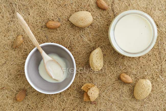 Jar of almond mousse — Stock Photo