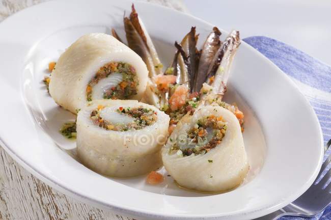 Pangasius rolls with spicy filling — Stock Photo