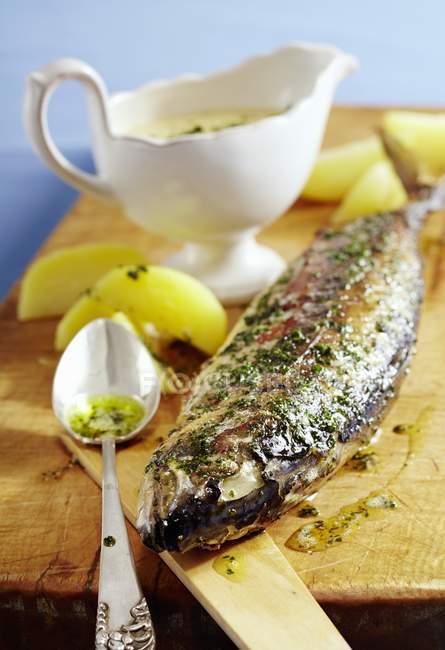 Roasted mackerel with white wine sauce — Stock Photo