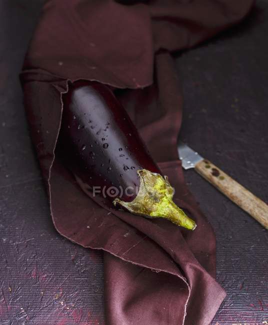 Una berenjena recién lavada sobre un paño púrpura - foto de stock